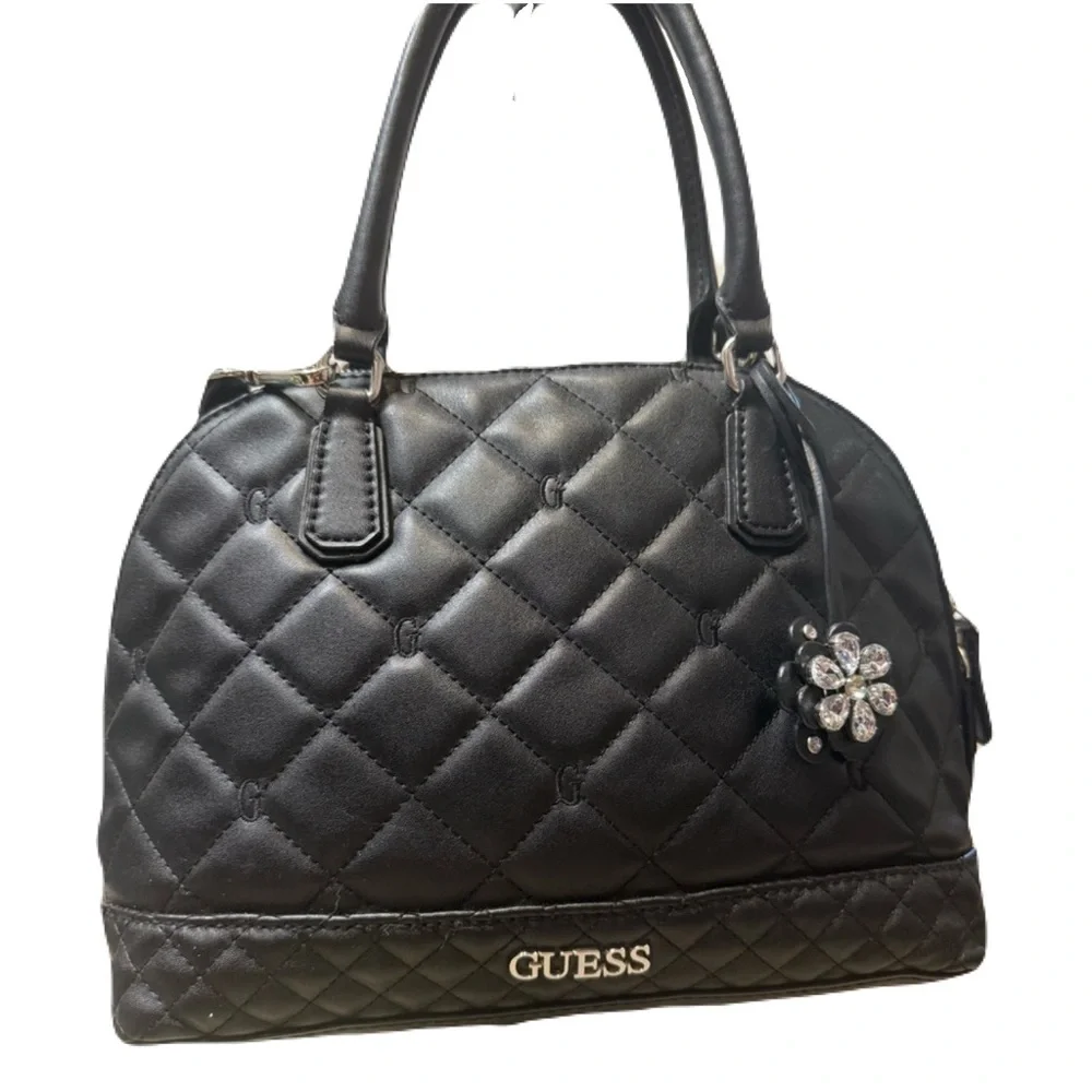 Black Quilted Floral Satchel by GUESS